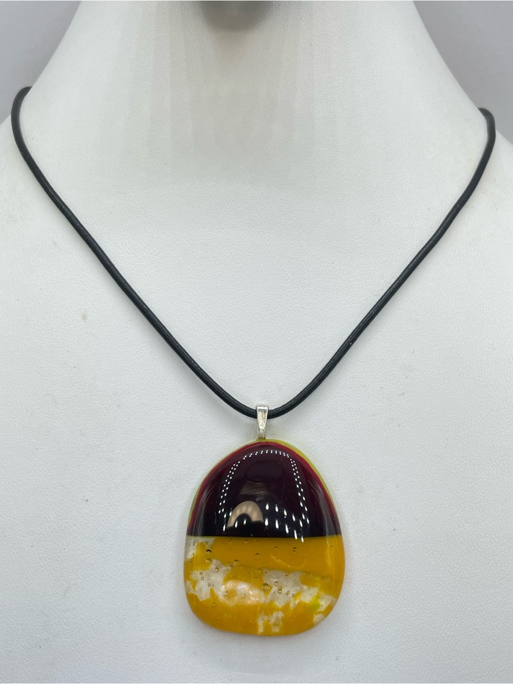 New Sterling Silver Glass Art Pendant Necklace Leather Cord Modern Statement